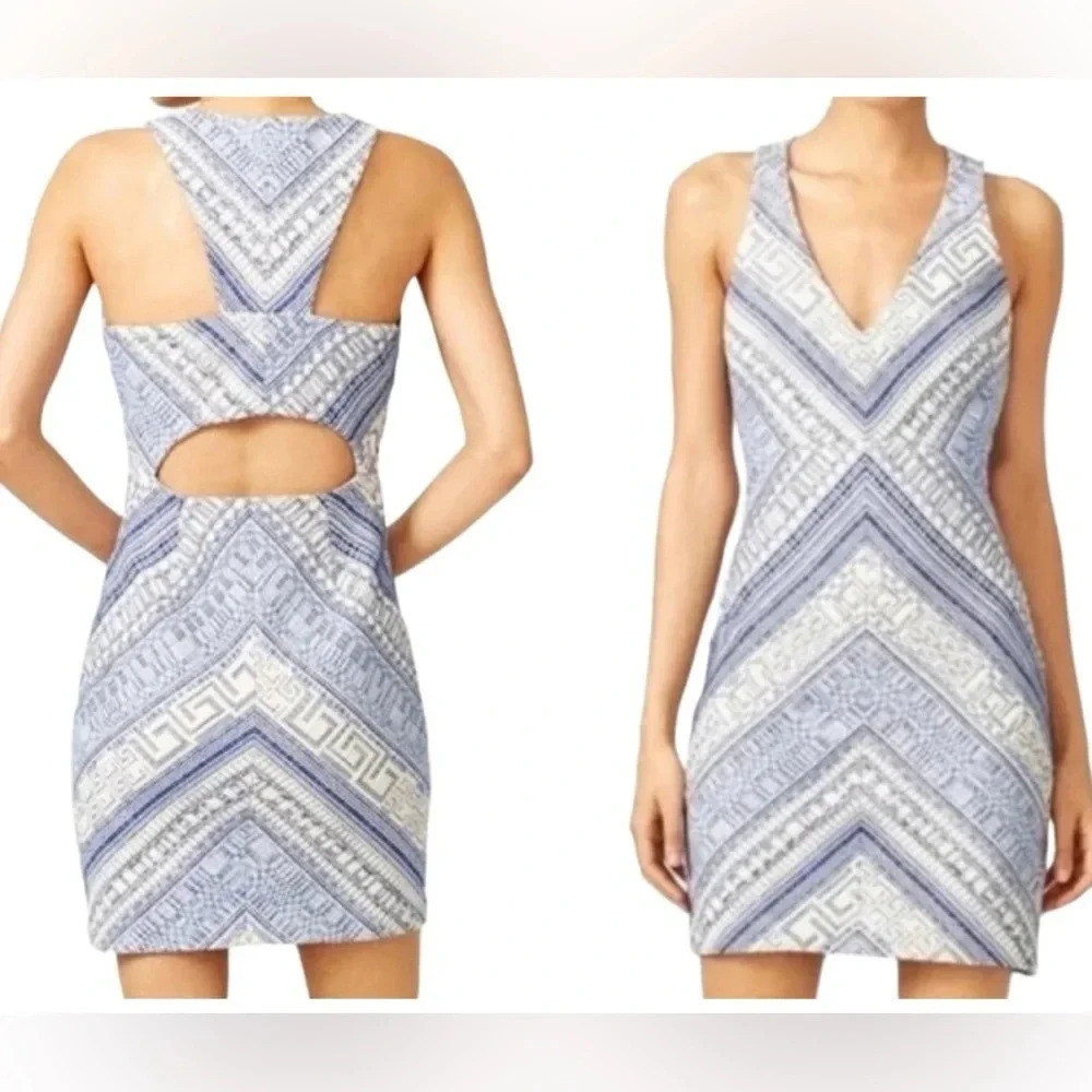 Amanda Uprichard | Grecian textured blue & white mini dress Womens size M silver